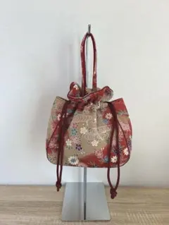 【美品／和装巾着】金彩入り ちりめん風 巾着バッグ 赤×ベージュ 和装小物