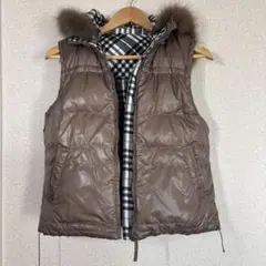リバーシブル 中綿ベスト ファーフード付き ブラウン×チェック