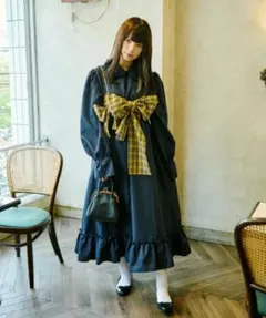 【クティールとレトロ】チェックリボンビスチェセットフリル襟ワンピース　ネイビー