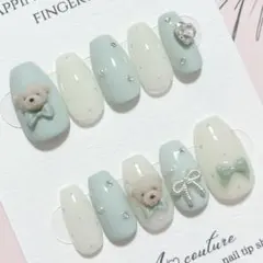 現品ネイルチップ୨୧ミントグリーン♡くまちゃん×リボン୨୧量産型⟡韓国♡ドット