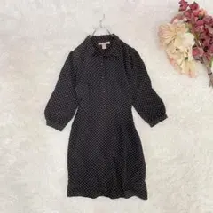 ドット柄シフォンワンピース（S）春夏　ベルト紐た付き　黒系　金ボタン