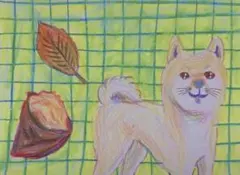 柴犬と焼き芋 秋【はがきサイズ・原画】