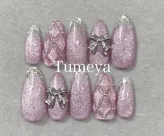 ネイルチップ　韓国　ワンホン　ピンク　マグネット　キルティング　ガラス　フレンチ