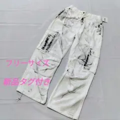 【新品】デニムパラシュートカーゴパンツ　ホワイト ダメージ加工　フリーサイズ