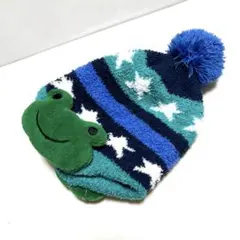カエル　ニット帽　青　美品