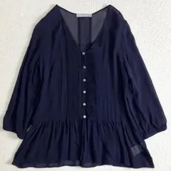 セオリーリュクス　シルク100% ノーカラー　長袖シアーシャツ ネイビー　38