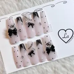 現品୨୧黒ドットリボンネイルチップ　韓国　ワンホン　フレンチガーリー　スナ系