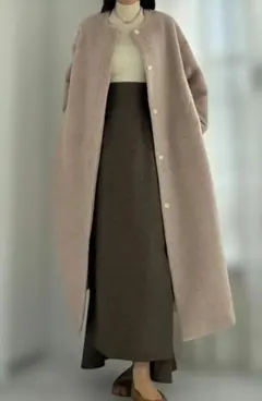 Louere シャギーノーカラーコクーンロングコート　クリーム色