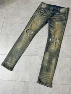 mnml クラッシュ加工デニム ペンキ ストレッチ ヒゲ 34 インディゴブルー