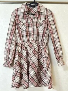 【pink mix】ピンクと白のチェック柄シャツドレス