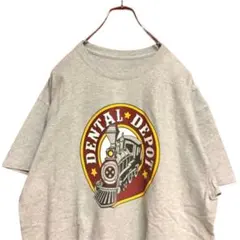 美品 US古着 ロゴTシャツ XL相当 大きいサイズ 汽車 ゆったり グレー 夏