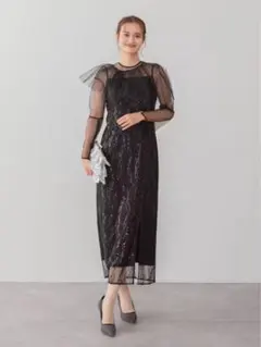 Leja シアーケープスパンコールIラインワンピースドレス(purple