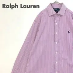 2159 90s ラルフローレン BD シャツ　刺繍　ロゴ　ストライプ　ピンク