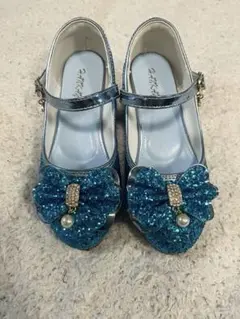 19cm 女の子　青　キラキラヒールパンプス　フォーマルシーンに