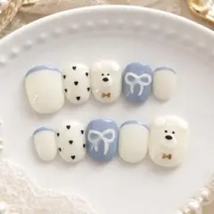 ネイルチップ くまネイル リボン ハート 淡色 ブルー 韓国 ちゅるん 春ネイル