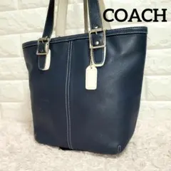 希少色 COACH バイカラーステッチ トートバッグ ダークブルー&ホワイトのサムネイル