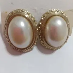 昭和レトロモダンビンテージパール風オーバル型クリップイヤリング(未使用保管品)