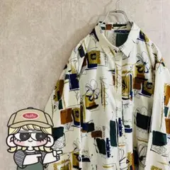 古着 レトロ 総柄 シャツ ポリシャツ サイズ F