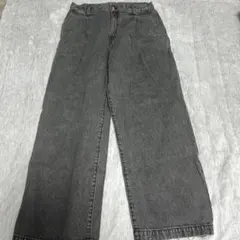 グレー ワイドレッグデニム フリンジ加工