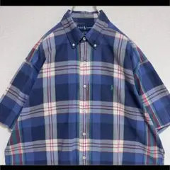 ラルフローレン BDシャツ 半袖 紺色 ネイビー チェック柄 緑ポニー刺繍 L