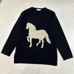 【美品】カシミア100%長袖セーター　クルーネック　ホースデザイン　サイズL相当