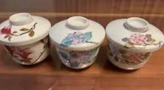 美濃焼　花柄　蓋つき茶碗蒸し 3客セット　和食器