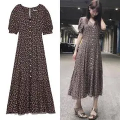 SNIDEL（スナイデル）柏木由紀パフスリーブプリントロングワンピース