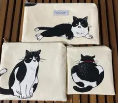 一部訳あり ハンドメイド ハチワレ猫ちゃん フラットポーチ3点 猫柄 クリーム