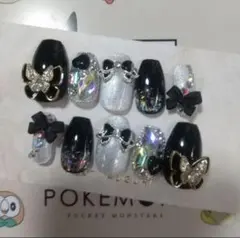 ジェルネイルチップ　黒✕マグネット　蝶々　リボン　埋め尽くし