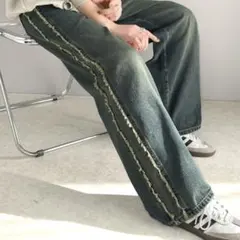 ワイドシルエットパンツ フリンジデザイン デニムパンツ オーバーサイズ Java