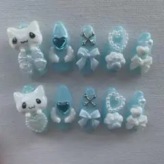 【現品】ネイルチップ 水色平成女児 地雷 量産 ねこリボン
