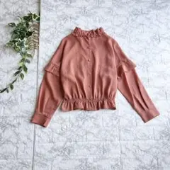 フリルネック 長袖ブラウス ピンク系【a0172】のサムネイル