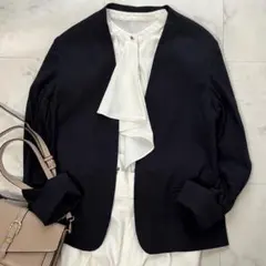 美品 イネド ノーカラージャケット リネン混 ストレッチ ネイビー 11号 L