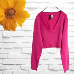 【H&M 】Vネック　ショート丈　ニットセーター　ピンク　鮮やか　サイズS