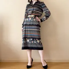 希少 花柄 ボーダー セットアップ 昭和レトロ ヴィンテージ 日本製 一点物 黒