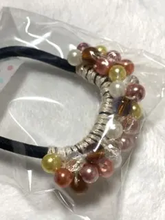 ビーズ ヘアゴム ブラウン系 オレンジ イエロー