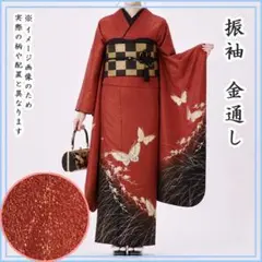 606z7☆人気！振袖 金通し 小柄な方 シンプル 赤黒☆美品 成人式 十三参りのサムネイル
