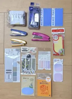文房具 ふせん・穴あけパンチ・ホッチキス・メモ帳　14個セットのサムネイル