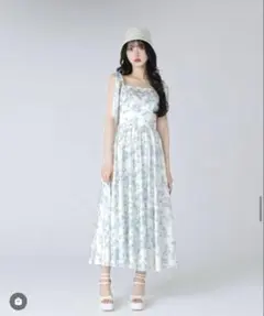 m.me.eme フラワーリボンフレアロングワンピース（Blue） - メルカリ