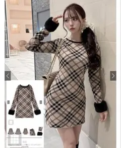 2Wayファー付きチェック柄ニットミニワンピース ru1375