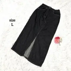 デニムロングスカート タイト スリット ウエストゴム 黒 ブラック カジュアル