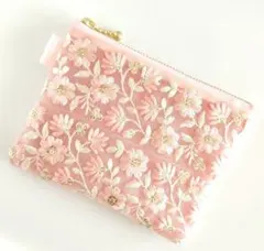 インド刺繍リボン（両面）　フラットポーチ　薄ピンク