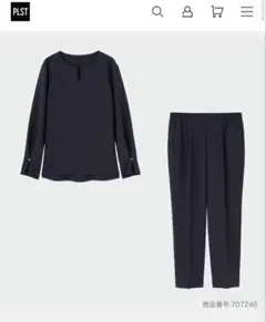 プラステ　PLST フェイクパールカフスブラウスパンツセットアップ（長袖）　紺