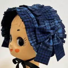 パッチワーク フリル ヘッドドレス（青チェック）ロリータ ロリィタ ハンドメイド