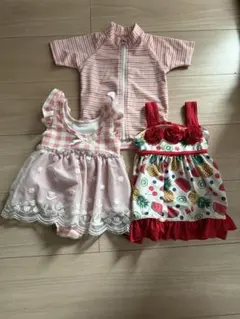 ベビー 水着 90cm 女の子 ラッシュガード 半袖 3点セット ピンク 赤
