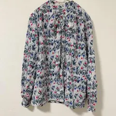 【レトロ】MeriLene チューリップ柄 ボウタイブラウス 総柄 ヴィンテージ