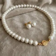 クラスプ付 コットンパールネックレスとピアス（イヤリング）セット 入学式 卒業式