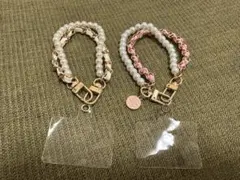 スマホストラップ　パールホワイト&ピンク