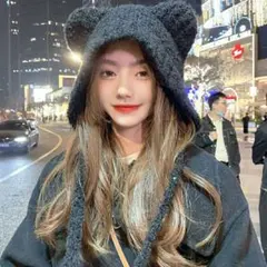 新品 ヒモ付き くま耳 ニット帽 ブラック フリーサイズ 韓国風 もこもこ 防寒