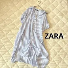 ZARA　オーバーサイズ リネンブレンド シャツ　ストライプ　Mサイズ　ブルー